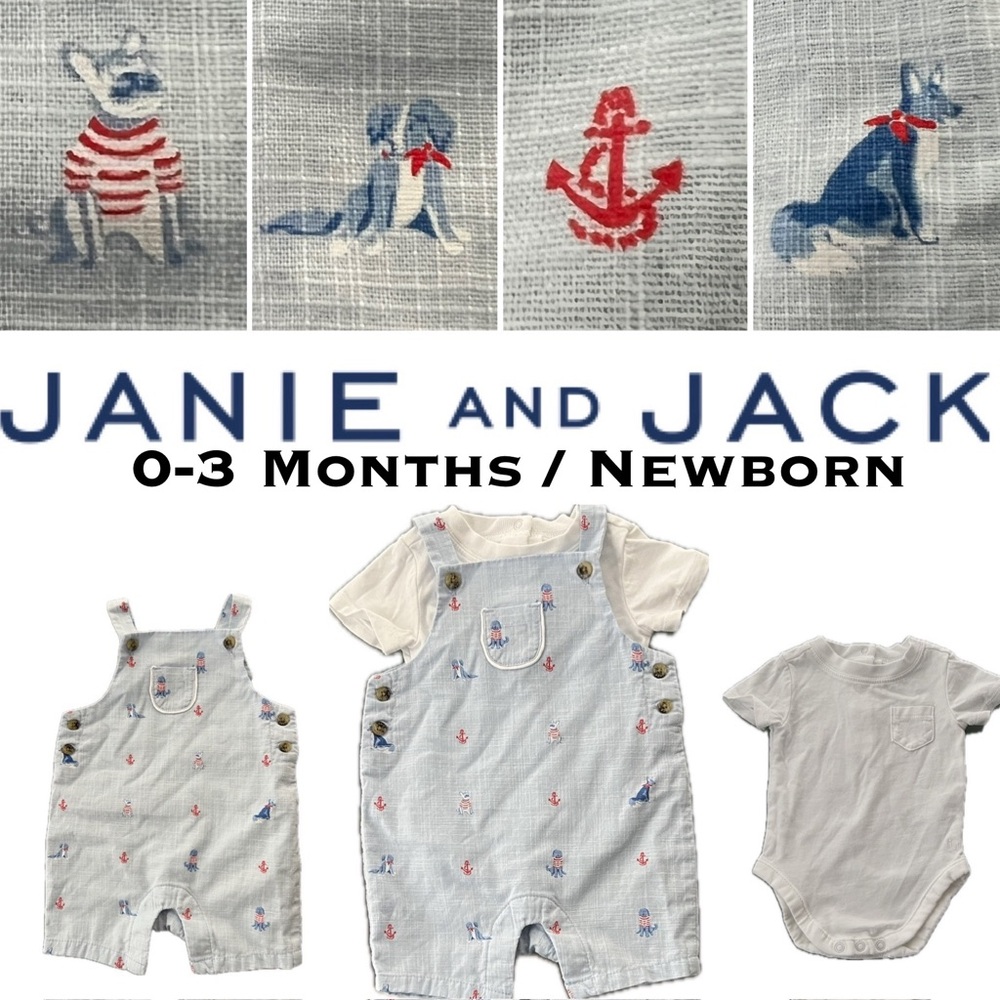 ⚓️NWOT Newborn Overalls+White Onesie Janie & Jack Light Blue Nautical+Dog Print